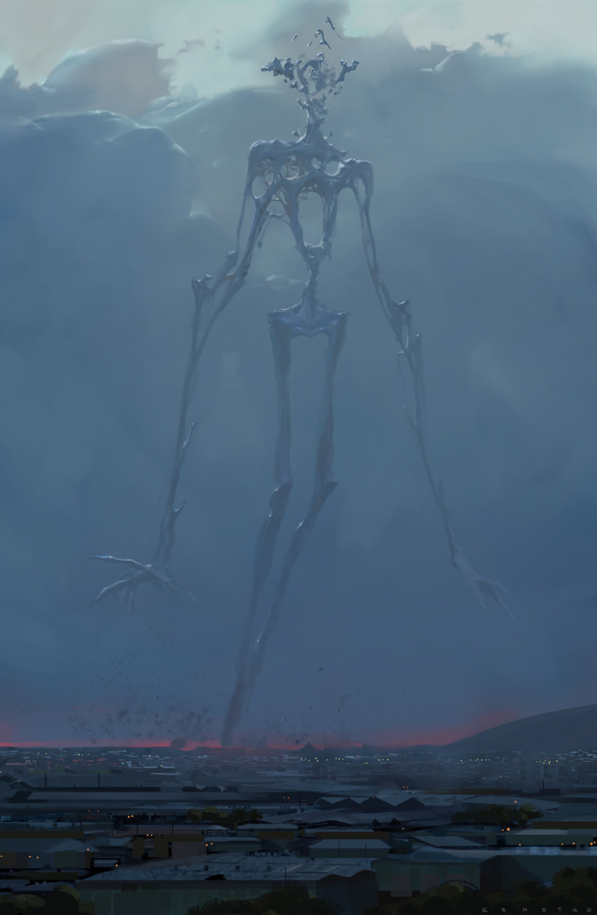 claws cloud creature creature_and_personification desert elemental_(creature) faceless fog giant giant_monster giantess grass highres juano_diaz long_arms long_legs monster monsterification night night_sky object_head siren_head skinny sky