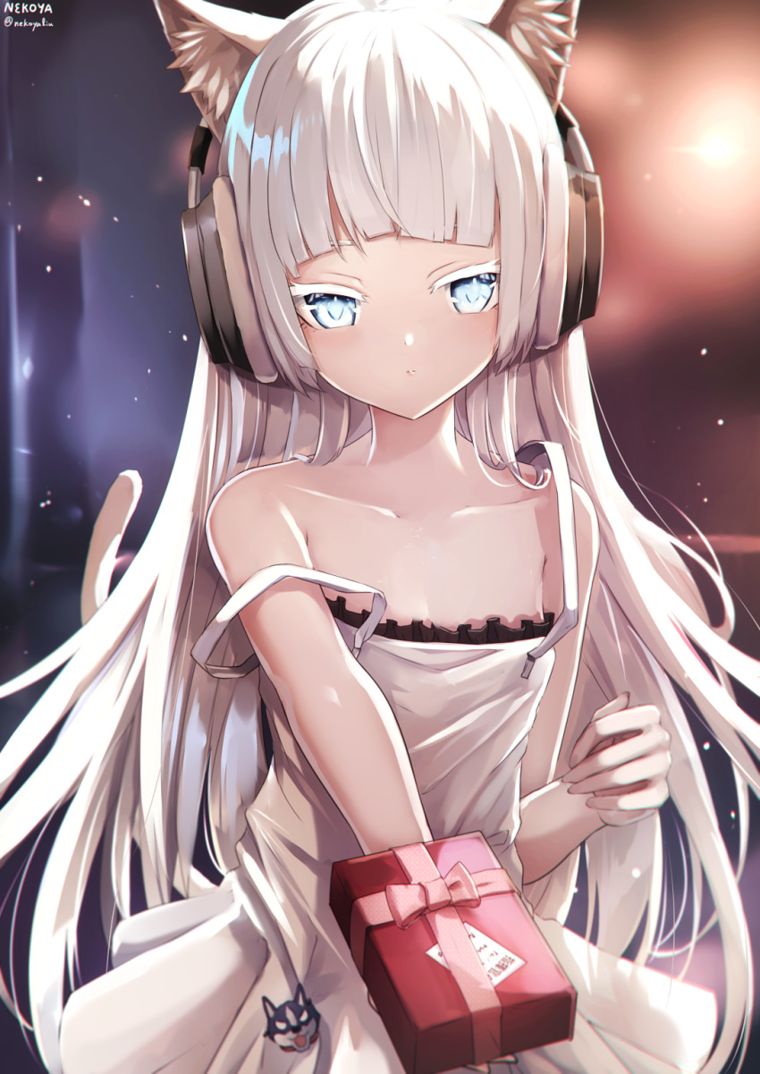 1girl animal_ear_fluff animal_ears awp_(girls'_frontline)_(nekoya_(liu)) bangs blue_eyes blurry blurry_background box cat_ears cat_girl cat_tail closed_mouth colored_eyelashes commentary_request depth_of_field dress eyebrows_behind_hair frilled_dress frills gift gift_box girls'_frontline headphones highres holding holding_gift long_hair looking_at_viewer nekoya_(liu) original outstretched_arm pleated_dress signature solo strap_slip tail twitter_username very_long_hair white_dress white_hair