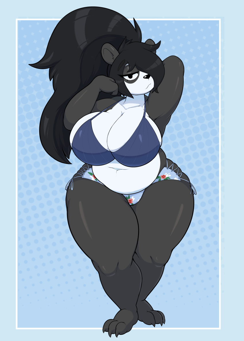 absurd_res anthro big_breasts bikini biped black_hair breasts cleavage clothed clothing giant_panda hair hair_over_eye hi_res huge_breasts mammal one_eye_obstructed side-tie_bikini slightly_chubby standing swimwear thick_thighs ursid virito