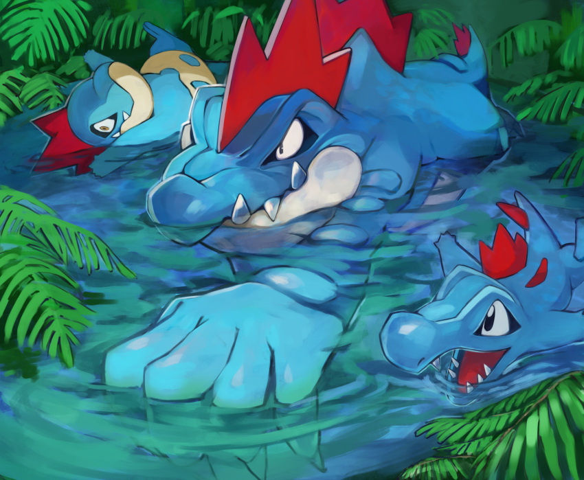 afloat claws closed_mouth commentary_request croconaw evolutionary_line fangs fangs_out feraligatr gara_(qbeuxvii22) highres no_humans pokemon pokemon_(creature) smile swimming totodile water