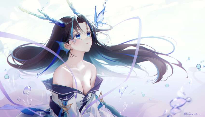 1girl air_bubble artist_name bangs bare_shoulders black_hair blue_eyes blue_hair blush breasts bubble bug butterfly cleavage collarbone dress eyebrows_visible_through_hair gills gradient gradient_background gradient_hair head_fins highres horns long_hair long_sleeves looking_up medium_breasts multicolored_hair naru_0 off_shoulder original parted_bangs parted_lips purple_background scales solo streaked_hair twitter_username upper_body very_long_hair white_background white_dress
