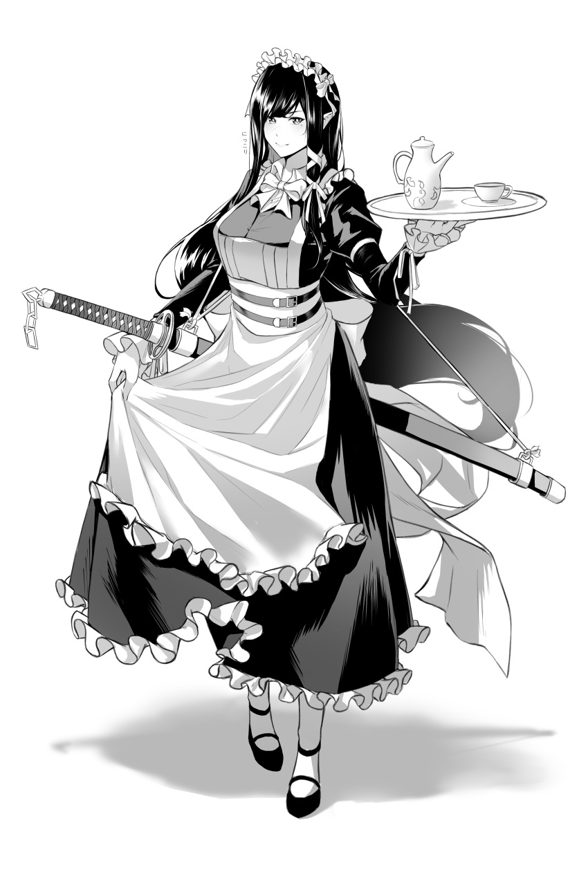 1girl absurdres apron apron_hold breasts cup full_body greyscale hair_ribbon highres long_hair maid maid_apron maid_headdress medium_breasts mole mole_under_eye monochrome original ribbon sheath sheathed simple_background skirt_hold solo sword tea_set teacup teapot tray wama weapon white_background