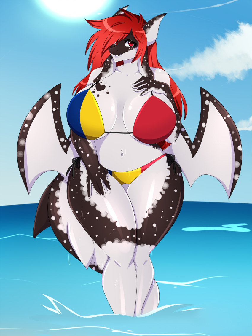 absurd_res beach bella_(fluffyglitch) big_breasts bikini breasts clothing female fluffyglitch hi_res humanoid hybrid looking_at_viewer romania romanian_flag seaside smile solo swimwear unknown_artist water wide_hips