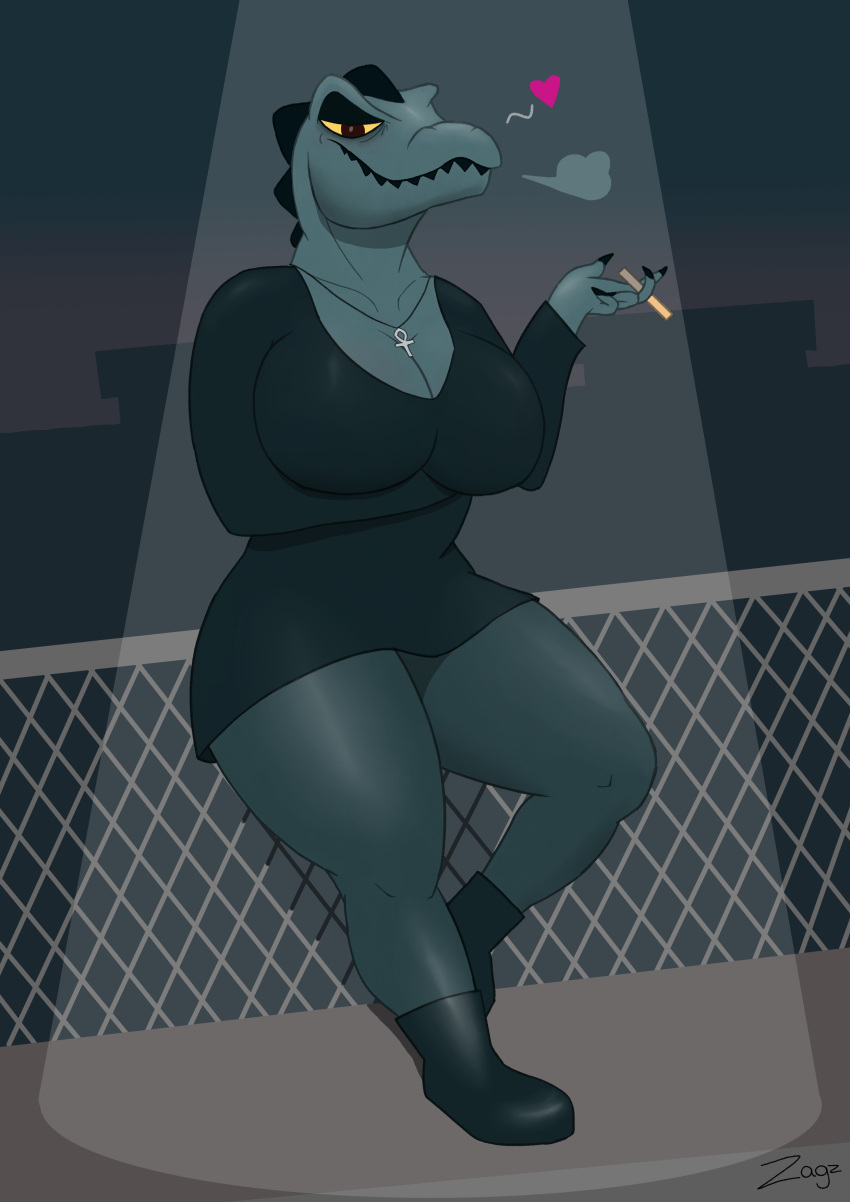 &lt;3 absurd_res anthro bea_santello big_breasts boots breasts cigarette clothed clothing crocodilian dress female footwear goth hi_res jewelry legwear looking_at_viewer necklace night night_in_the_woods reptile scalie smile smoking solo thigh_highs video_games wide_hips zagz
