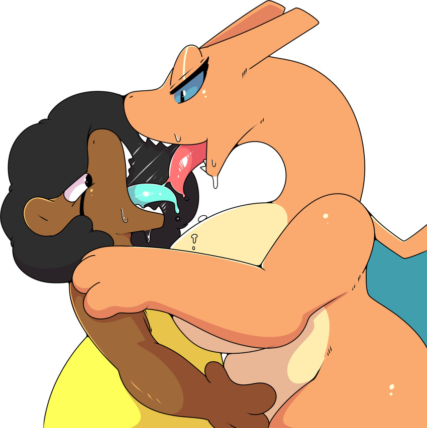 absurd_res anthro big_breasts bodily_fluids breasts charizard dragon female french_kissing hair hi_res kingbeast kissing nintendo nude open_mouth orange_body pok&eacute;mon pok&eacute;mon_(species) saliva tongue tongue_out video_games wings