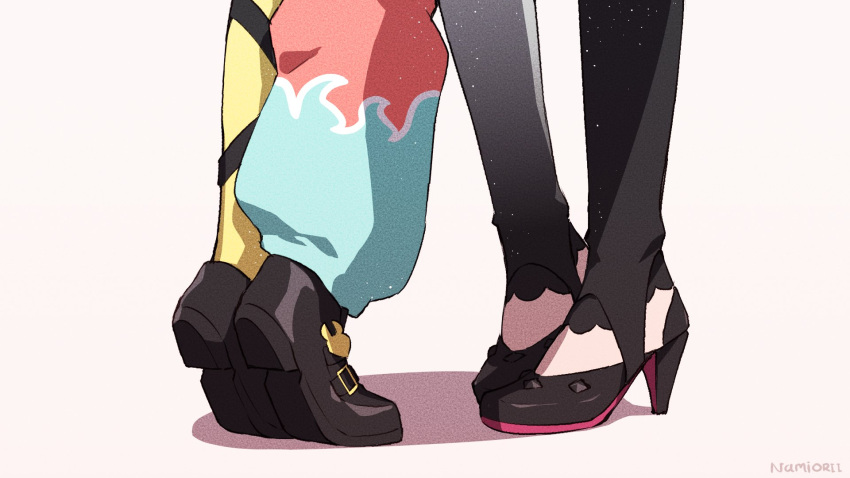 2girls asymmetrical_legwear black_footwear couple english_commentary gradient gradient_legwear hakos_baelz height_difference high_heels highres holocouncil hololive hololive_english implied_kiss irys_(hololive) kiss lower_body mismatched_legwear multiple_girls namii_(namialus_m) out_of_frame shoes simple_background standing thighhighs thighs tiptoe_kiss tiptoes virtual_youtuber white_background yuri