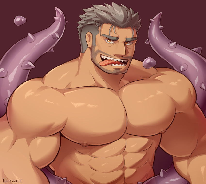 1boy abs bara biceps completely_nude dagon_(housamo) facial_hair fish_boy grey_hair highres large_pectorals long_sideburns looking_at_viewer male_focus muscular muscular_male nipples nude pectorals sharp_teeth short_hair sideburns solo stomach stubble teeth tentacles terraxle tokyo_afterschool_summoners tongue tongue_out undercut upper_body