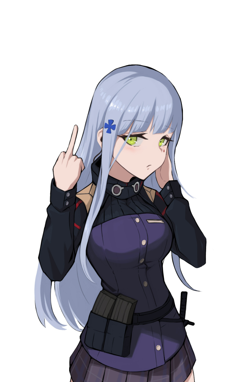 1girl assault_rifle bangs belt blunt_bangs breasts closed_mouth copycat001 cowboy_shot earpiece earplugs eyebrows_visible_through_hair facial_mark from_side girls'_frontline green_eyes gun h&amp;k_hk416 hair_ornament hand_on_own_cheek hand_on_own_face highres hk416_(girls'_frontline) large_breasts long_hair long_sleeves looking_at_viewer magazine_(weapon) middle_finger military_jacket miniskirt plaid plaid_skirt ribbed_jacket rifle sidelocks sideways_glance silver_hair simple_background skirt solo teardrop teardrop_facial_mark teardrop_tattoo tight unamused utility_belt weapon white_background x_hair_ornament