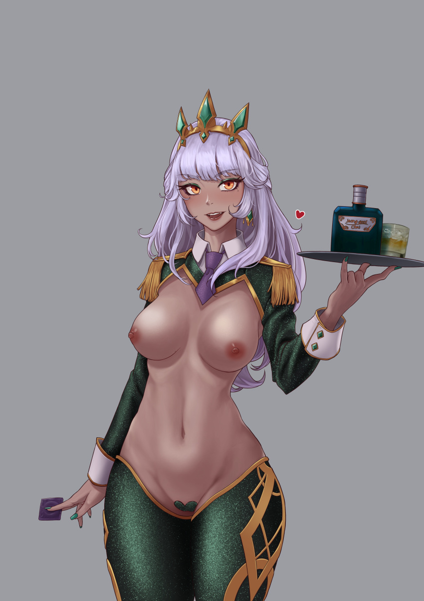 1girl :d absurdres alcohol bangs bottle breasts cel_da_lin commentary_request condom cowboy_shot dark-skinned_female dark_skin eyebrows_visible_through_hair glass green_legwear grey_background hair_ornament hand_up heart_pasties highres holding holding_condom holding_tray large_breasts league_of_legends lips long_hair long_sleeves looking_at_viewer meme_attire navel necktie nipples pasties purple_necktie qiyana_(league_of_legends) reverse_bunnysuit reverse_outfit shiny shiny_hair shiny_skin short_necktie simple_background smile solo teeth tray