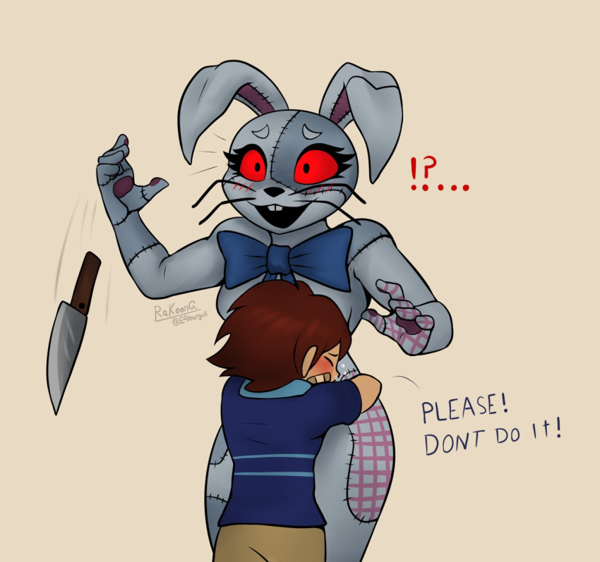 anthro arms_around_waist band-aid bandage blush blush_lines bodily_fluids bow_tie breasts brown_hair buckteeth child clothing confusion costume crying dialogue dropping_object dropping_weapon duo e4hargus embrace eyelashes female five_nights_at_freddy's five_nights_at_freddy's:_security_breach gregory_(fnaf) hair hi_res hug human knife lagomorph larger_female leporid male mammal patch_(fabric) pawpads rabbit red_eyes red_sclera scottgames seam_(sewing) simple_background size_difference smaller_male smile stitch_(sewing) tears teeth text thick_thighs tight_clothing vanny_(fnaf) video_games whiskers young