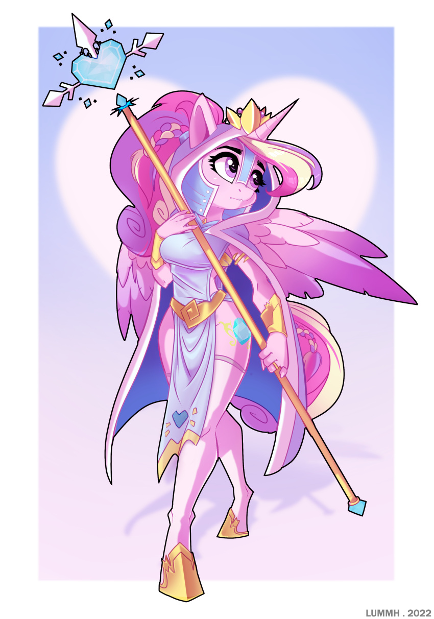 &lt;3 abstract_background absurd_res anthro breasts chilllum cloak clothed clothing crystal cutie_mark equid equine eyelashes eyeshadow female footwear friendship_is_magic gradient_background hair hand_on_breast hi_res holding_object hooves horn horse legwear lips makeup mammal mane my_little_pony pink_body pony ponytail princess_cadance_(mlp) restraints shoes shoes_on simple_background socks solo staff stockings stocks tabard unguligrade_anthro unguligrade_feet unguligrade_legs wings