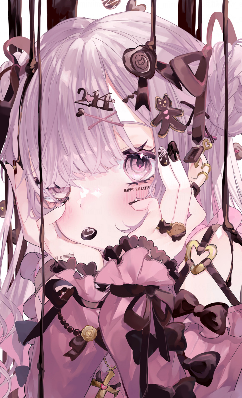 1girl bangs black_bow black_nails black_ribbon blush bow chocolate commentary dress dress_bow ear_piercing face frilled_dress frills hair_ornament hair_over_one_eye hair_ribbon hairclip hands_on_own_cheeks hands_on_own_face head_rest heart_ring highres light_purple_eyes light_purple_hair looking_at_viewer mouth_hold multiple_bows one_eye_covered piercing pink_dress portrait remimim ribbon solo valentine