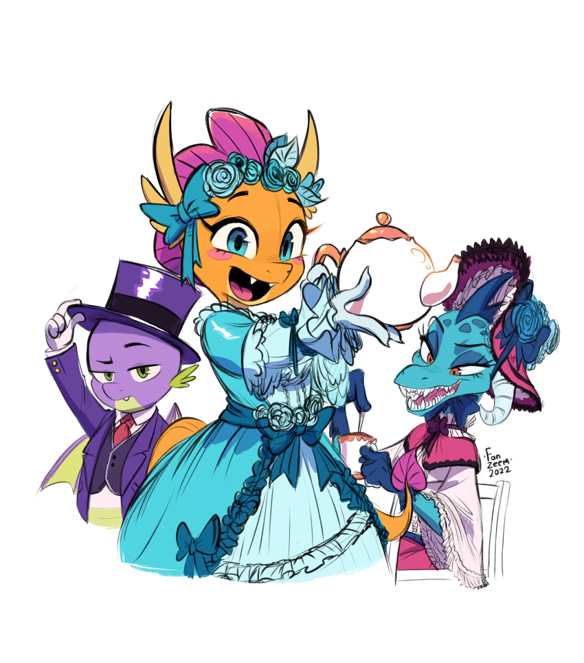 4_fingers absurd_res accessory anthro beverage blue_body blue_eyes blue_flower blush bow_tie clothing container cup dragon dress eyelashes fangs fanzeem female fingers flower friendship_is_magic gloves green_eyes group half-closed_eyes handwear hasbro hat headgear headwear hi_res looking_at_viewer male my_little_pony narrowed_eyes open_mouth orange_body plant princess_ember_(mlp) purple_body red_eyes sharp_teeth smolder_(mlp) spike_(mlp) tea tea_cup tea_pot teeth trio wings