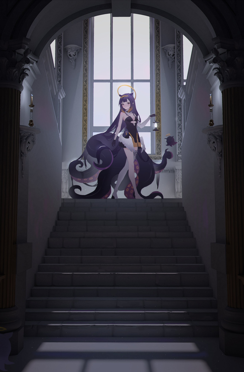 0_0_0 1girl absurdres bangs blunt_bangs breasts candle commentary dress eyebrows_visible_through_hair full_body gloves halo highres holding holding_lantern hololive hololive_english indoors lantern long_hair looking_at_viewer ninomae_ina'nis pointy_ears purple_eyes purple_hair sleeveless small_breasts smile solo stairs standing tentacles very_long_hair window