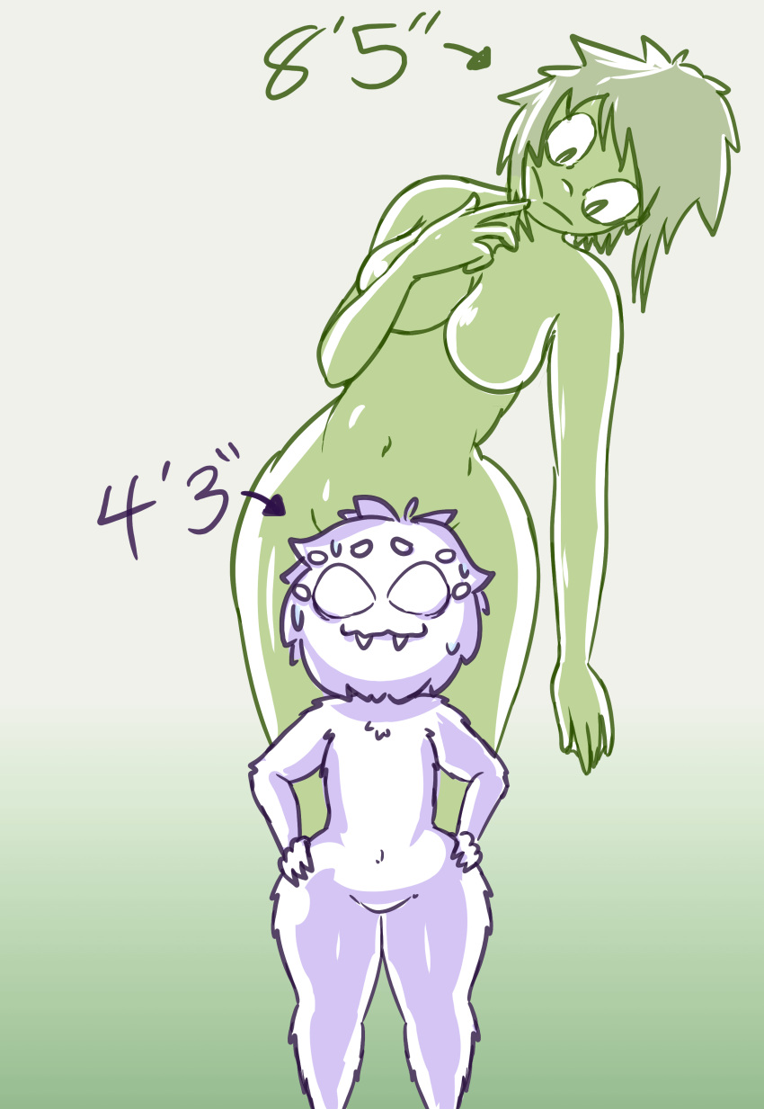 absurd_res anthro bodily_fluids breasts crotch_lines duo female hi_res male membrane_(anatomy) multi_eye navel nude scared size_difference sweat webbed_hands websheck websly