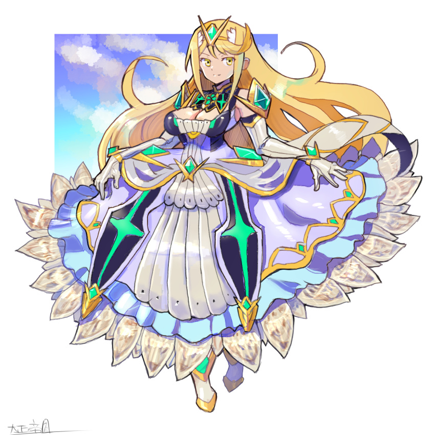 1girl adapted_costume alternate_costume bangs blonde_hair breasts cleavage cleavage_cutout clothing_cutout dress gloves highres large_breasts long_dress long_hair mythra_(xenoblade) oomasa_teikoku solo swept_bangs very_long_hair white_dress xenoblade_chronicles_(series) xenoblade_chronicles_2 yellow_eyes