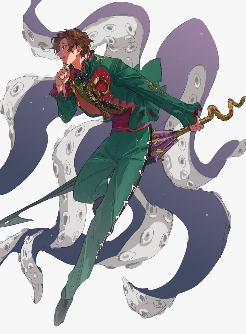 1boy bbbb_fex cowboy_shot evil evil_smile full_body giant_squid green_eyes green_jacket green_pants highres holding holding_weapon jacket kamen_rider kamen_rider_revice male_focus mexican_clothes olteca_(kamen_rider_revice) pants paranegro red_eyes sitting smile squid sword tentacles umbrella villain_pose weapon white_background