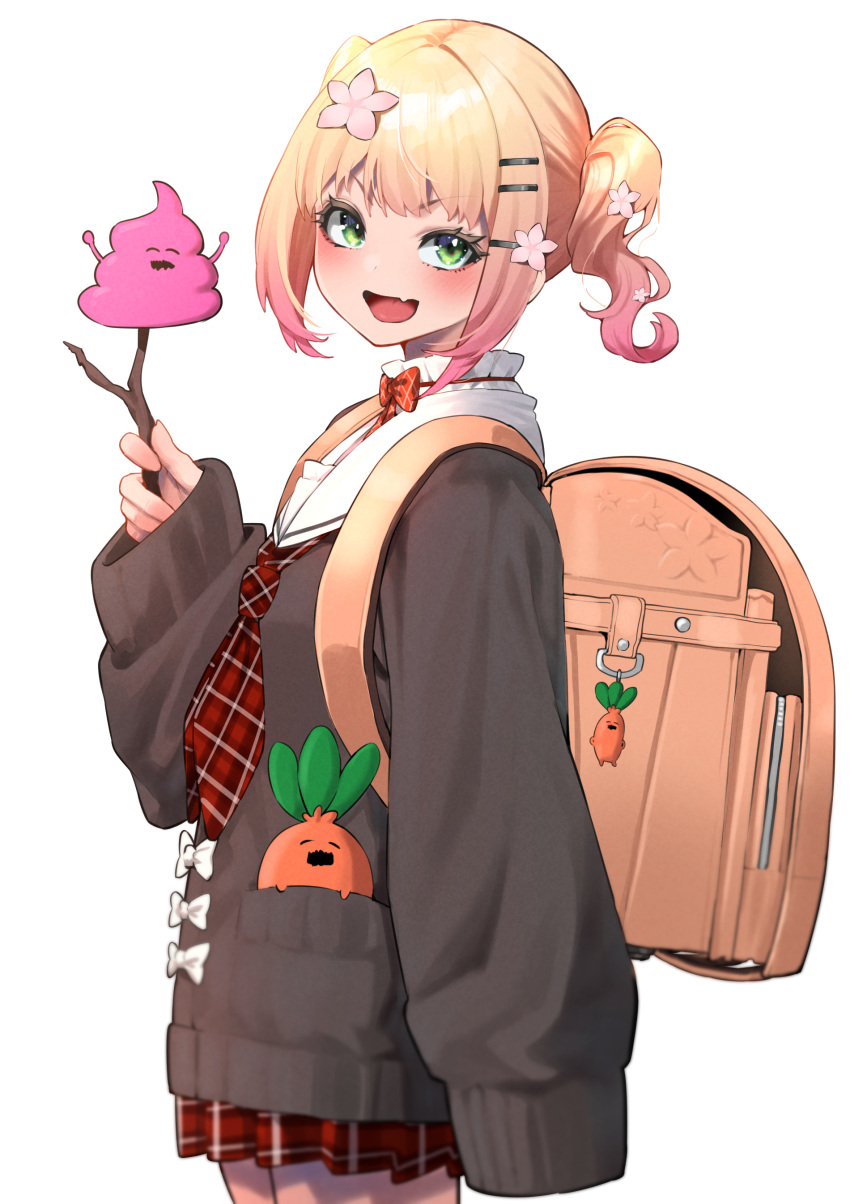 1girl :d absurdres backpack bag bangs black_sweater blonde_hair blush branch commentary_request eyebrows_visible_through_hair fang flower gradient_hair green_eyes hair_flower hair_ornament hairclip highres holding holding_branch hololive long_sleeves looking_at_viewer mikan_(chipstar182) momosuzu_nene multicolored_hair neckerchief nekko_(momosuzu_nene) pink_hair plaid plaid_neckerchief plaid_skirt pleated_skirt poop_on_a_stick red_neckerchief red_skirt side_ponytail skirt sleeves_past_fingers sleeves_past_wrists smile solo sweater v-shaped_eyebrows virtual_youtuber