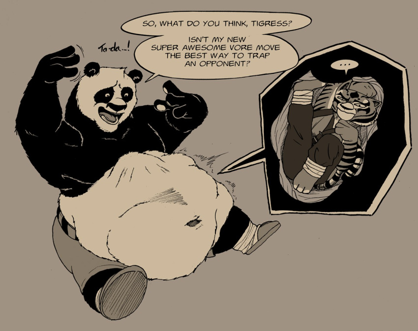 ... 2019 abdominal_bulge anthro belly big_belly bottomwear clothing dialogue dreamworks duo felid female footwear giant_panda internal kung_fu_panda looking_at_belly looking_at_viewer lordweegee64 male mammal master_po_ping master_tigress navel open_mouth pantherine pants raised_arm raised_leg sandals shirtless shirtless_male sitting soft_vore speech_bubble teeth text tiger tongue ursid vore