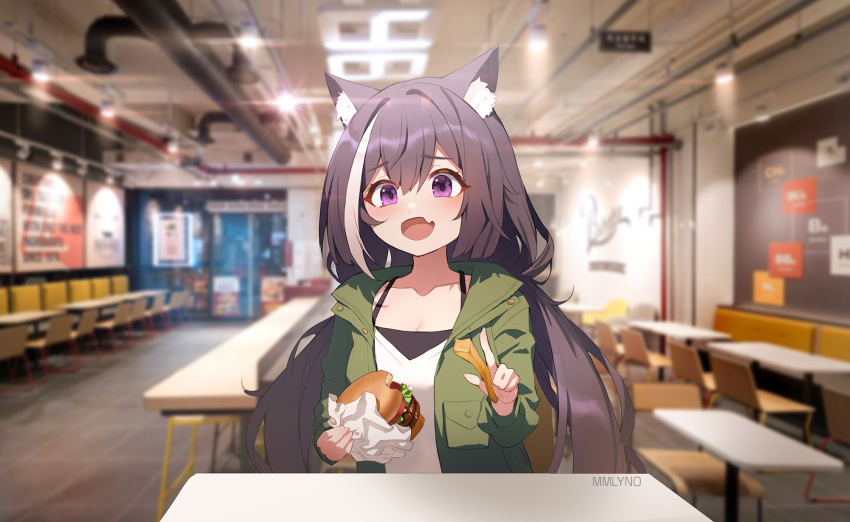 1girl animal_ear_fluff animal_ears artist_name black_hair burger cat_ears cat_girl collarbone commentary eyebrows_visible_through_hair fang food green_jacket highres holding holding_food jacket karyl_(princess_connect!) karyl_(real)_(princess_connect!) long_hair low_twintails multicolored_hair open_mouth osuti princess_connect! purple_eyes solo streaked_hair twintails white_hair