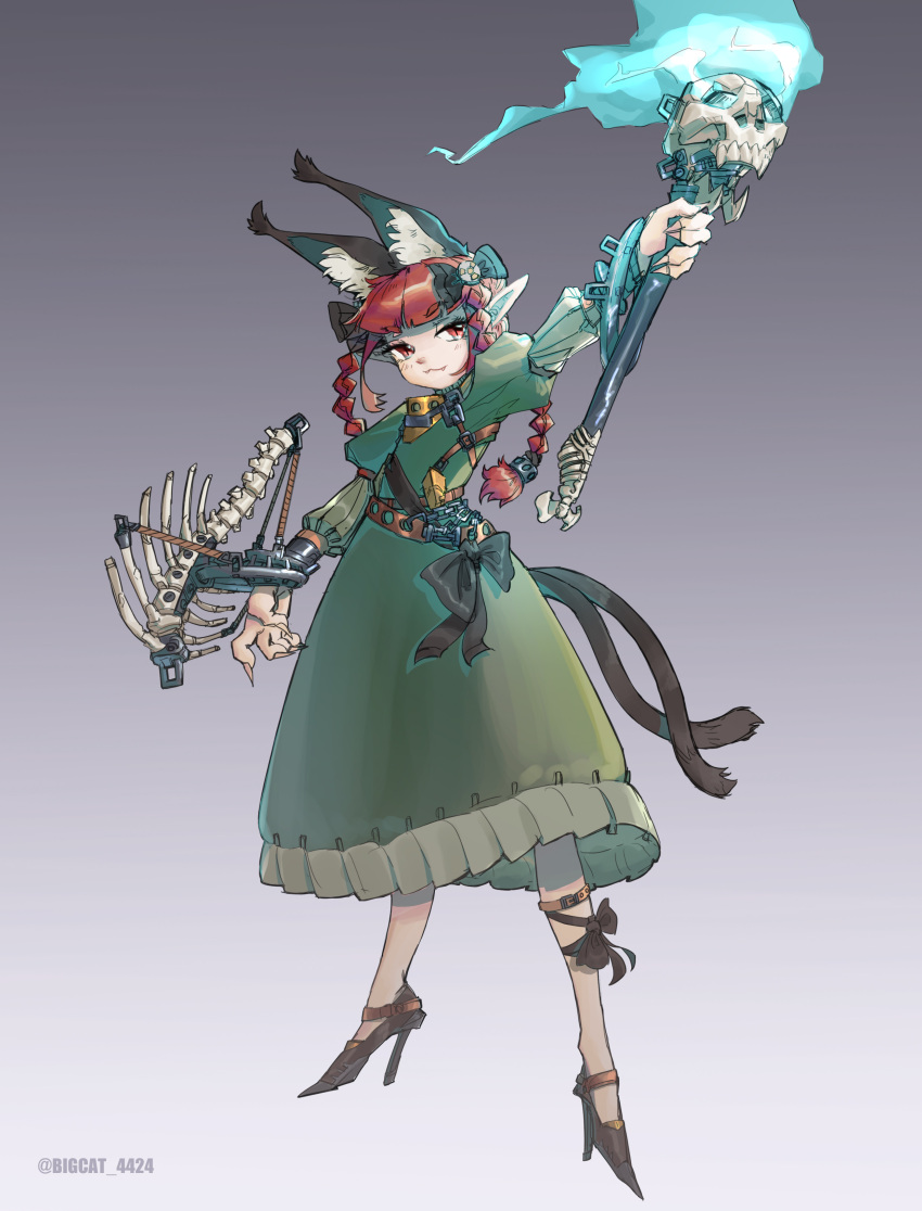 1girl :3 absurdres adapted_costume animal_ear_fluff animal_ears arm_up bangs bigcat_114514 black_bow black_ribbon blue_fire blunt_bangs bow braid cat_ears cat_tail closed_mouth crossbow dress extra_ears eyebrows_visible_through_hair fang fang_out fire flaming_skull full_body gradient gradient_background green_dress grey_background hair_bow highres holding holding_weapon juliet_sleeves kaenbyou_rin leg_ribbon legs_apart long_hair long_sleeves looking_to_the_side multiple_tails nekomata outstretched_arm pointy_ears puffy_sleeves red_eyes red_hair ribbon simple_background solo standing tail touhou twin_braids twintails two_tails weapon