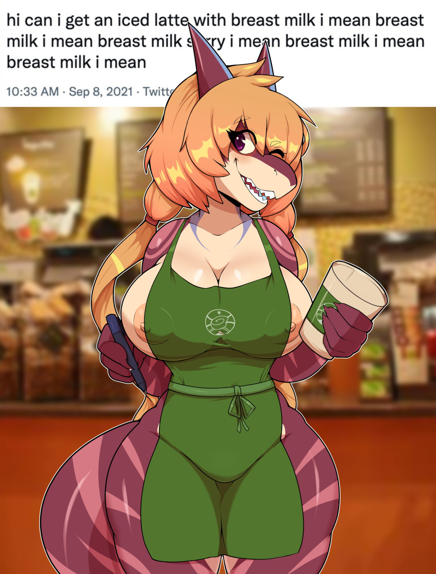 absurd_res anthro apron apron_only big_breasts breasts cleavage clothed clothing digital_media_(artwork) female fish hi_res i_mean_breast_milk inside marine meme mostly_nude photo_background shaded shark sharp_teeth solo teeth virito
