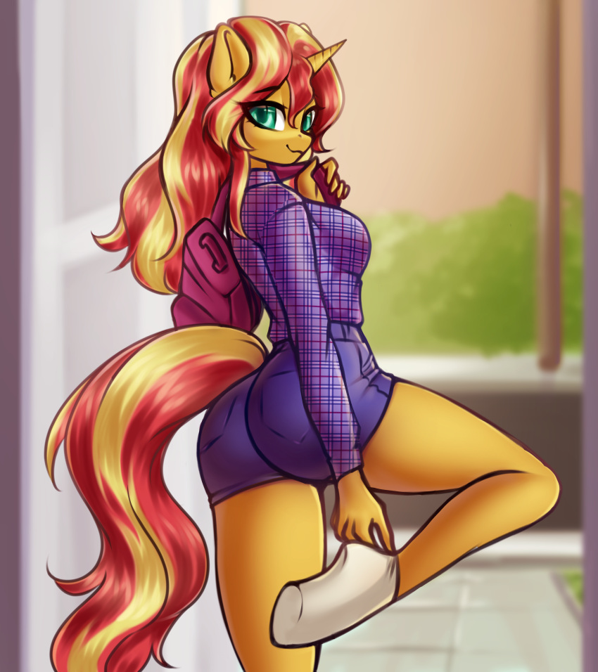 absurd_res anthro anthrofied big_butt bottomwear breasts butt clothing equestria_girls equid equine female footwear hi_res horn looking_at_viewer looking_back looking_back_at_viewer mammal my_little_pony shorts socks solo sunset_shimmer_(eg) unicorn yutakira92