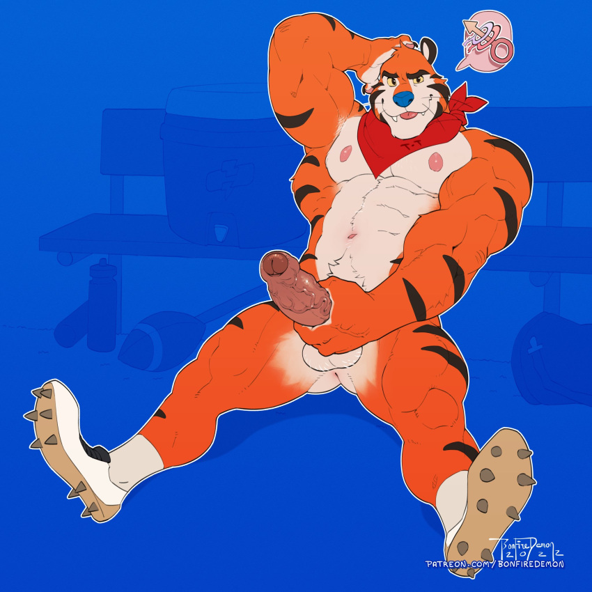 2022 abs american_football anthro ball balls bench biceps big_muscles big_penis blep blue_background bonfiredemon bottle clothing dated dialogue_box erection eyebrows felid footwear foreskin frosted_flakes fur gender_symbol genitals hand_behind_head hi_res humanoid_genitalia humanoid_penis inviting kellogg's looking_at_viewer male male/male_symbol male_symbol mammal mascot muscular muscular_anthro muscular_male navel neckerchief nipples nude obliques pantherine patreon pecs penis penis_grab pictographics presenting presenting_penis sexuality_symbol shoes signature simple_background sitting smile socks solo sport symbol teeth text tiger tongue tongue_out tony_the_tiger tuft url vein water_bottle whiskers