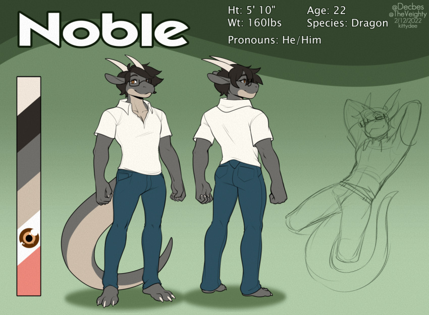2022 anthro clothed clothing digital_media_(artwork) dragon english_text horn kittydee male model_sheet pronouns smile text wingless_dragon