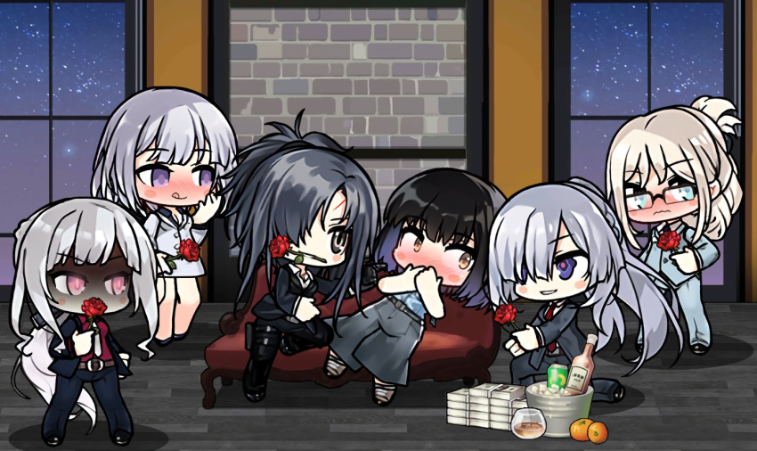 6+girls ak-12_(girls'_frontline) ak-15_(girls'_frontline) an-94_(girls'_frontline) angelia_(girls'_frontline) blush bottle couch cup defy_(girls'_frontline) drinking_glass flower flower_in_mouth food formal fruit girls'_frontline harem jealous money morridow_(girls'_frontline) multiple_girls official_alternate_costume orange_(fruit) rose rpk-16_(girls'_frontline) shaded_face suit the_mad_mimic valentine wine_bottle wine_glass yuri