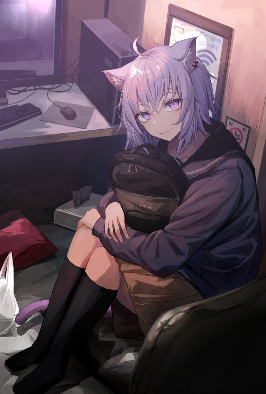 1girl absurdres ahoge animal_ears backpack backpack_removed bag black_legwear black_sailor_collar brown_skirt cat_ears cat_girl cat_tail closed_mouth commentary computer ear_piercing full_body highres hololive indoors internet_cafe kneehighs looking_at_viewer miyabino_(miyabi1616) monitor mouse_(computer) nekomata_okayu on_chair piercing purple_eyes purple_hair purple_shirt sailor_collar school_uniform serafuku shirt short_hair sitting skirt smile solo tail tissue_box virtual_youtuber wifi_symbol