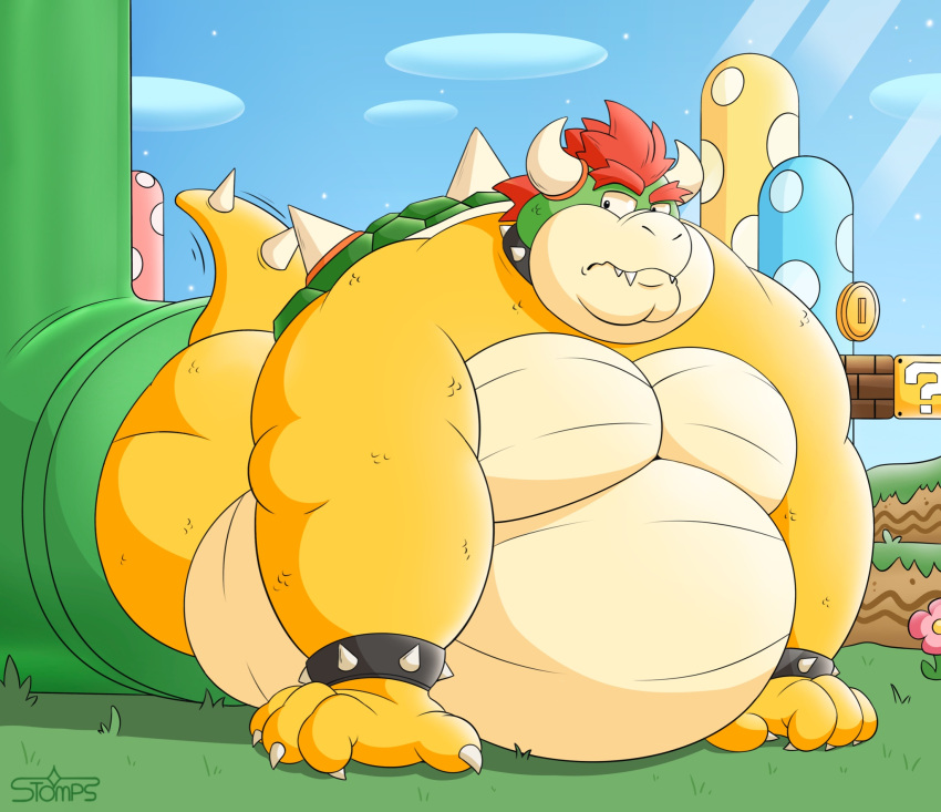 anthro belly big_belly bowser bracelet claws collar hair hi_res horn jewelry koopa male mario_bros nintendo outside overweight overweight_anthro overweight_male pipe red_hair reptile scalie shell solo spiked_bracelet spiked_collar spiked_shell spikes spikes_(anatomy) stompsthecroc stuck video_games yellow_body