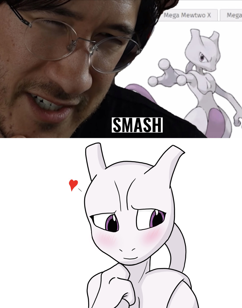 &lt;3 2022 3_fingers absurd_res anthro black_clothing blush clothing ears_up eyelashes eyewear felid feline female fingers glasses hi_res horn human legendary_pok&eacute;mon looking_down male mammal markiplier mewtwo nintendo omniman_(artist) pok&eacute;mon pok&eacute;mon_(species) purple_eyes shy simple_background smile stubble video_games white_background youtube