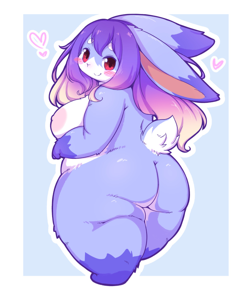 &lt;3 anthro areola big_breasts big_butt big_ears biped black_pupils blonde_hair blue_background blue_body blue_fur blush blush_stickers breasts butt colored countershade_face countershade_fur countershade_legs countershade_torso countershading digital_media_(artwork) dipstick_ears ears_back female fluffy fluffy_tail full-length_portrait fur glistening glistening_body glistening_butt glistening_fur glistening_hair gloves_(marking) gradient_hair hair hi_res kemono lagomorph leg_markings leporid long_ears long_hair looking_at_viewer looking_back looking_back_at_viewer mammal markings monotone_tail multicolored_body multicolored_ears multicolored_fur multicolored_hair nipples nude overweight overweight_anthro overweight_female pink_areola pink_hair pink_nipples pivoted_ears portrait pupils purple_hair rabbit radiowave rear_view red_eyes scut_tail shaded short_stack short_tail simple_background smile socks_(marking) solo standing thick_thighs three-quarter_view two_tone_ears white_body white_countershading white_fur white_tail