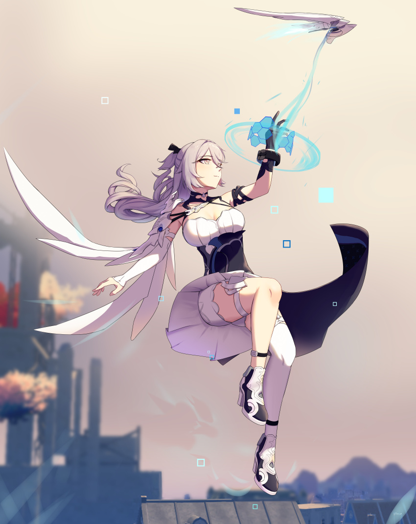 1girl absurdres bangs bare_shoulders black_footwear black_gloves blackuey breasts bronya_zaychik bronya_zaychik_(silverwing:_n-ex) cleavage closed_mouth dress drone floating full_body gloves grey_eyes grey_hair highres honkai_(series) honkai_impact_3rd long_hair outdoors shorts single_glove single_sleeve single_thighhigh solo sunset thighhighs white_dress white_legwear white_shorts white_sleeves