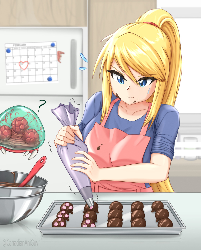 1girl ? apron blonde_hair blue_eyes blue_shirt calendar_(object) canadiananiguy chocolate chocolate_on_face english_commentary food food_on_face highres icing indoors kitchen long_hair metroid metroid_(creature) mixing_bowl pastry_bag pink_apron ponytail refrigerator samus_aran shirt sidelocks sleeves_rolled_up upper_body valentine