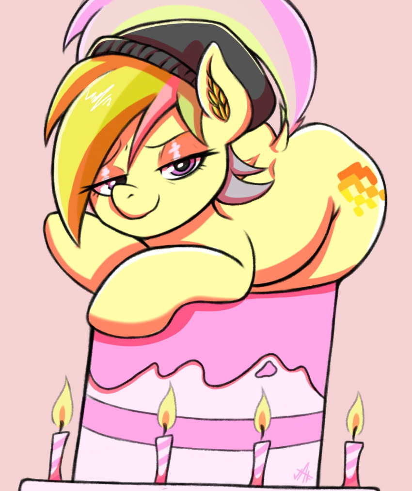beanie bedroom_eyes blonde_hair butt cake candle clothing curvaceous curvy_figure cutie_mark dessert digital_media_(artwork) earth_pony equid equine female feral food friendship_is_magic fur hair hasbro hat headgear headwear hi_res highlights_(coloring) hooves horse lit_candle looking_at_viewer mammal multicolored_hair my_little_pony narrowed_eyes orange_eyeshadow pink_hair pink_highlights pony purple_eyes rear_view scarletrabbits seductive simple_background smile solo two_tone_hair voluptuous wide_hips yellow_body yellow_fur