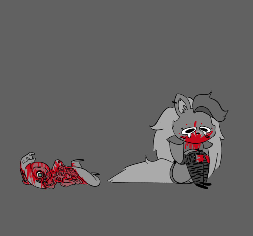 4_fingers animatronic blood bodily_fluids bone canid canine canis clothing corpse death duo ear_piercing eyelashes fingers five_nights_at_freddy's five_nights_at_freddy's:_security_breach fluffy fluffy_tail gore grey_background guts human inner_ear_fluff intestines legwear machine mammal monochrome organs pepo-pepito piercing robot roxanne_wolf_(fnaf) scottgames simple_background sitting skeleton solo_focus stockings tears teeth tuft video_games wolf
