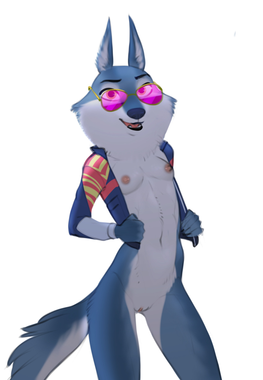 anthro breasts canid canine canis clothing discreet_user eyewear female genitals hi_res illumination_entertainment jacket jacket_vest looking_at_viewer mammal porsha_crystal pussy sing_(movie) small_breasts solo sunglasses topwear vest wolf