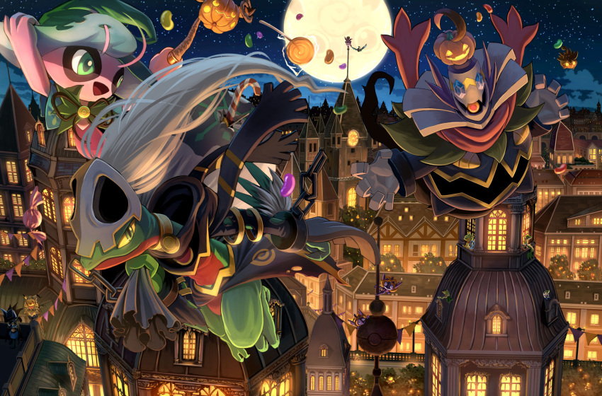 architecture building city cityscape cloud commentary_request costume dusknoir english_commentary flying ghost grovyle halloween halloween_costume highres jack-o'-lantern jigglypuff karamimame looking_at_viewer mixed-language_commentary moon night no_humans outdoors pokemon pumpkin rooftop scenery sceptile sky treecko