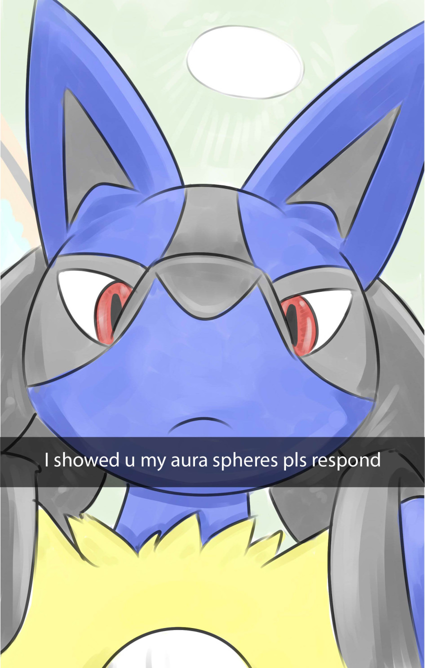 absurd_res anthro blue_body blue_fur canid canine close-up fur grey_body grey_fur hi_res lucario male mammal meme mr_fuwa nintendo photo please_respond pok&eacute;mon pok&eacute;mon_(species) red_eyes snout solo spikes video_games yellow_body yellow_fur