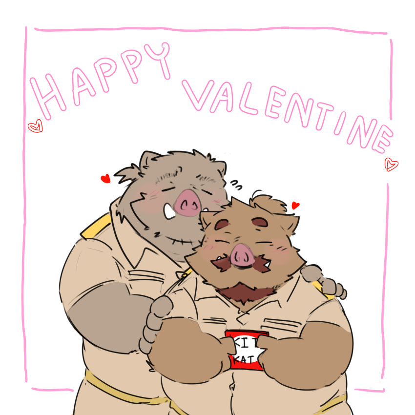 &lt;3 2022 anthro blush duo eyes_closed facial_hair hi_res holidays humanoid_hands kemono male male/male mammal mustache overweight overweight_male suid suina sus_(pig) valentine's_day whitebeast20 wild_boar