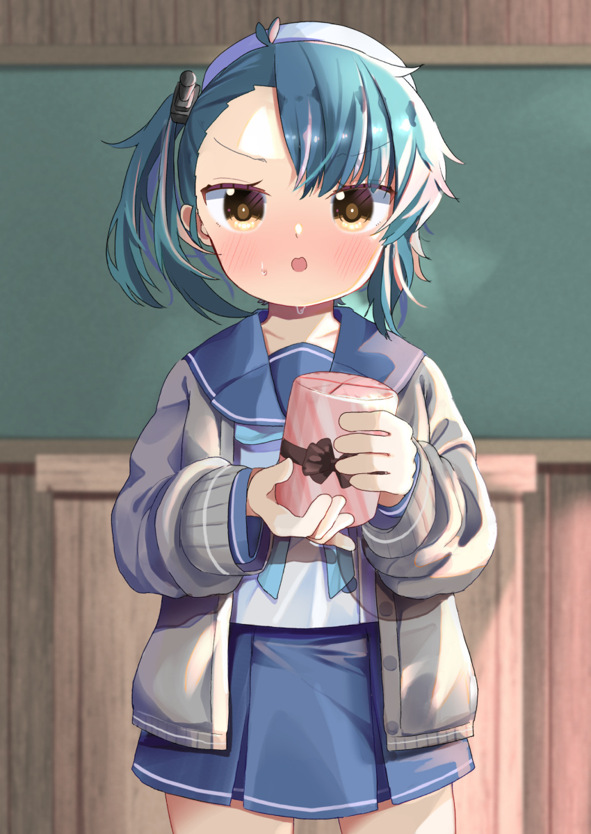 1girl bangs beret blue_hair blue_neckwear blue_sailor_collar blue_skirt blush brown_eyes cardigan commentary_request eyebrows_visible_through_hair fukae_(kancolle) gift grey_cardigan hat highres holding holding_gift indoors kantai_collection long_sleeves looking_at_viewer mugichoko_(mugi_no_choko) open_cardigan open_clothes parted_lips pleated_skirt sailor_collar school_uniform serafuku shirt side_ponytail skirt solo standing sweat v-shaped_eyebrows valentine white_headwear white_shirt