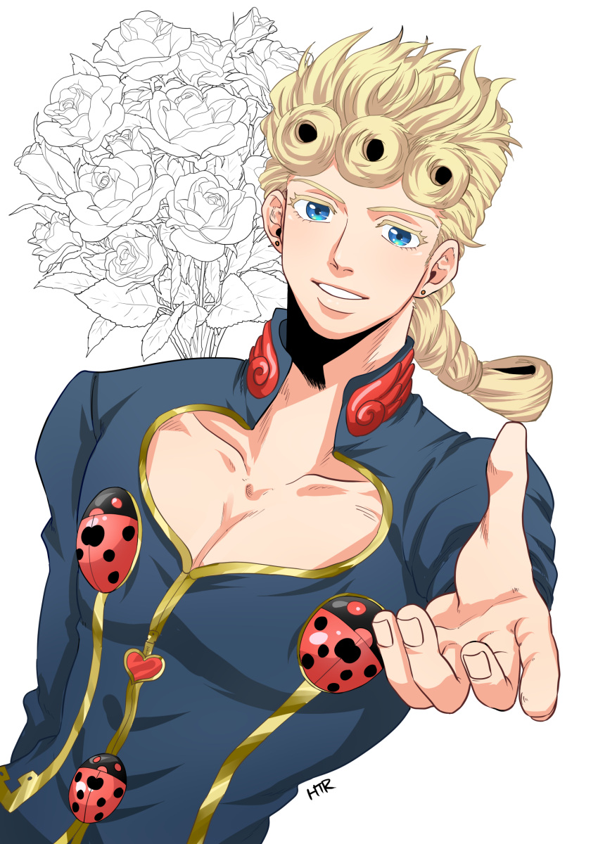 1boy absurdres blonde_hair blue_eyes braid bug cleavage_cutout clothing_cutout giorno_giovanna highres hotaru_(ss801) jojo_no_kimyou_na_bouken ladybug male_focus outstretched_hand pectoral_cleavage pectorals solo vento_aureo wing_ornament