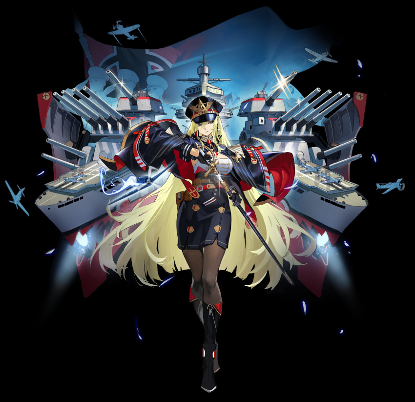 1girl absurdres aircraft airplane azur_lane battleship belt belt_pouch black_background black_coat black_footwear black_gloves black_headwear black_skirt blonde_hair blue_eyes boots breasts brown_belt brown_legwear buttons cleavage closed_mouth coat coat_on_shoulders commentary corset cross double-breasted earrings expressionless flag full_body glint gloves hair_between_eyes hat highres holding holding_sword holding_weapon iron_cross jewelry knee_boots large_breasts long_hair looking_at_viewer military military_hat military_vehicle miniskirt necktie original pantyhose peaked_cap pencil_skirt pouch red_belt red_necktie rigging saber_(weapon) salute sheath ship short_necktie simple_background skirt solo standing sword turret underbust unsheathing warship watercraft weapon wing_collar yuebaihezi