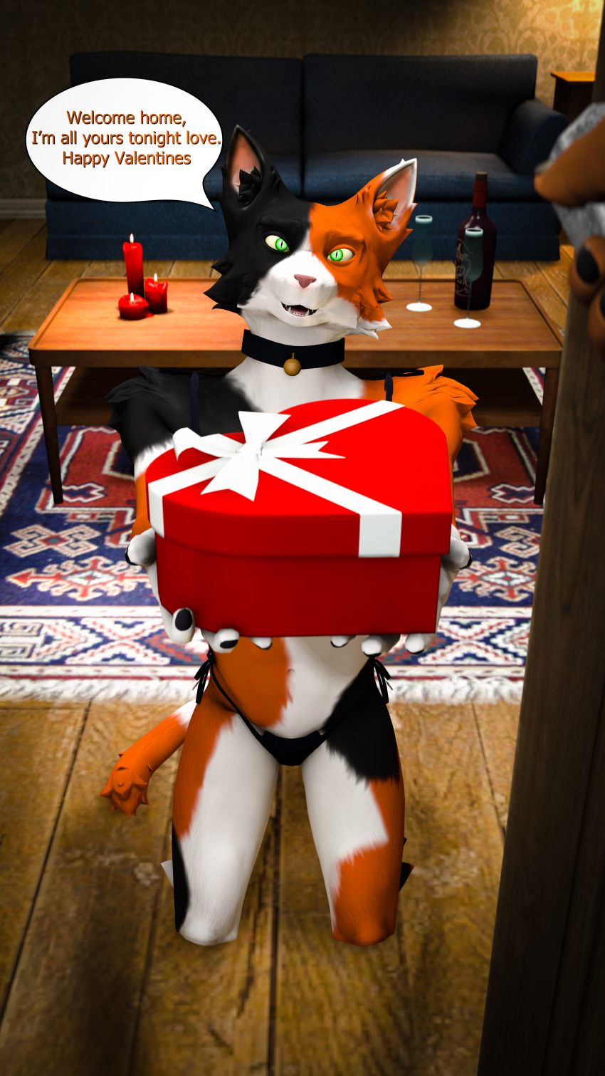 3d_(artwork) 4k 9:16 absurd_res alcohol anthro beverage black_body black_fur box_of_chocolates candle candy carpet cat_(petruz) chocolate clothing collar container cup dessert digital_media_(artwork) domestic_cat door drinking_glass english_text felid feline felis food fur furniture glass glass_container glass_cup green_eyes hi_res holidays lencerie looking_at_viewer male mammal orange_body orange_fur petruz_(copyright) portrait smile sofa solo source_filmmaker speech_bubble table text underwear valentine's_day white_body wine wine_bottle wine_glass wolftrap546