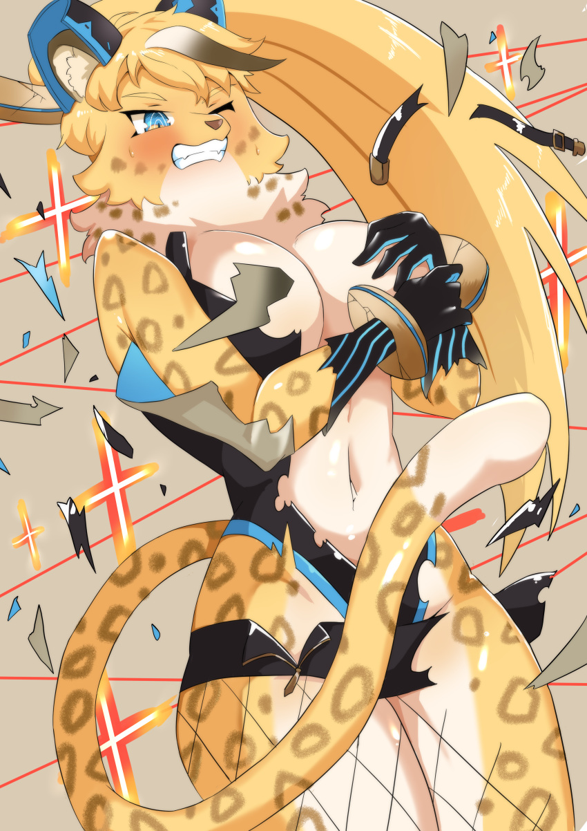 absurd_res anthro armor big_breasts blonde_hair blue_eyes blush bodily_fluids breasts cheetah clenched_teeth clothing covering covering_breasts curvy_figure felid feline female fishnet fishnet_legwear hair hi_res holding_breast hourglass_figure humanoid karakusa.p legwear leopard leopard_spots lifewonders live-a-hero long_hair maculata mammal navel neck_tuft one_eye_closed pantherine solo spots sweat teeth thick_thighs tight_clothing torn_clothing tuft unconvincing_armor video_games