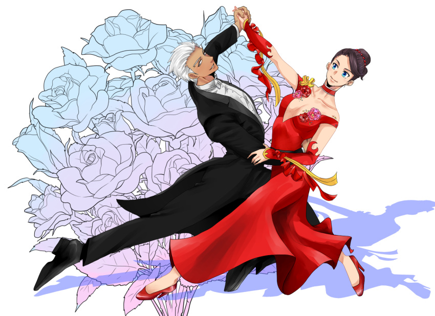 1boy 1girl alternate_hairstyle archer_(fate) blue_eyes brown_hair choker dancing dark-skinned_male dark_skin dress dress_flower fate/stay_night fate_(series) flamenco flamenco_dress formal grey_eyes hair_bun hair_up high_heels hotaru_(ss801) red_dress suit tohsaka_rin white_hair