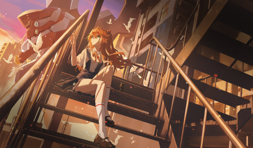 1girl absurdres bag bird blue_eyes dove eva_02 facing_to_the_side hair_between_eyes highres interface_headset kneehighs long_hair looking_to_the_side mary_janes neon_genesis_evangelion orange_hair school_bag school_uniform shoes sitting sitting_on_stairs skirt solo souryuu_asuka_langley stairs sunset suspender_skirt suspenders thighs ttk_(kirinottk)