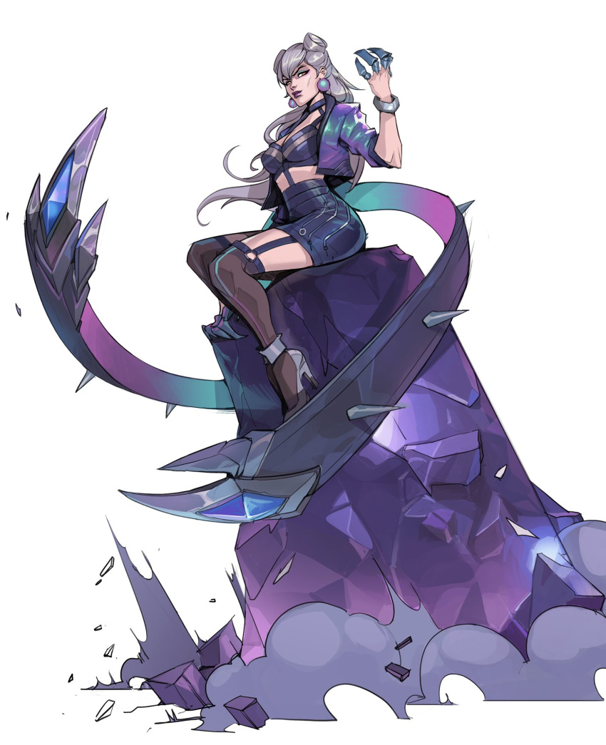 1girl bangs black_legwear black_skirt claws earrings evelynn_(league_of_legends) garter_straps grey_background grey_hair hair_cones hicham_habchi high_heels highres jacket jewelry k/da_(league_of_legends) k/da_evelynn league_of_legends long_hair looking_at_viewer o-ring open_clothes open_jacket over-kneehighs pink_jacket purple_lips rock simple_background sitting skirt solo spikes thighhighs